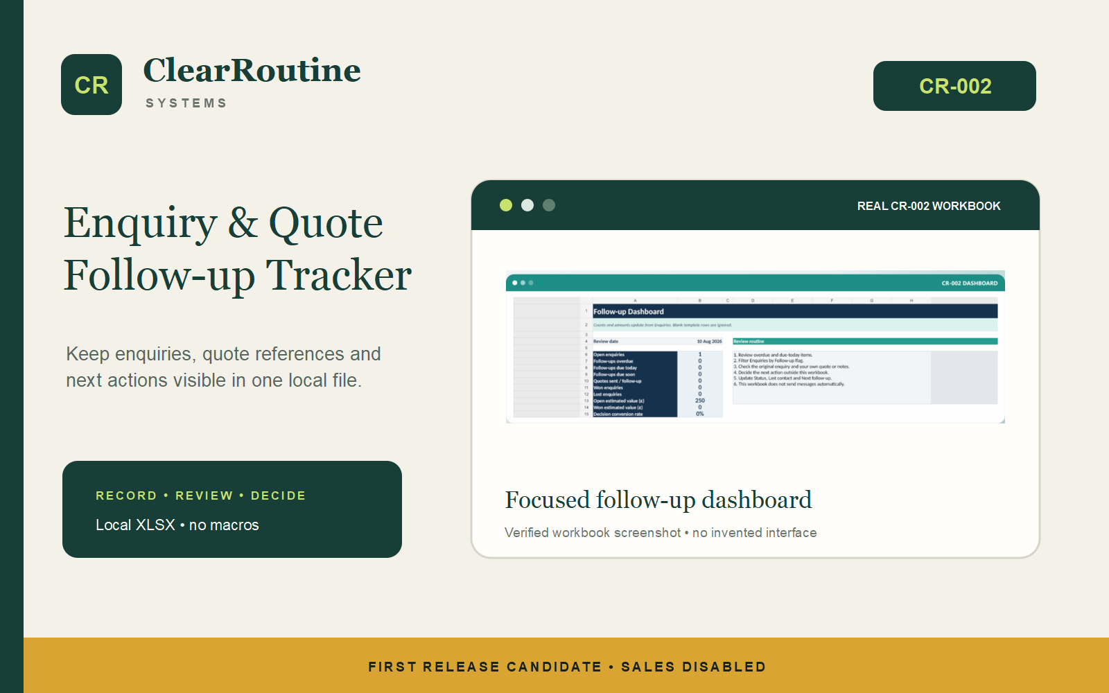 ClearRoutine CR-002 Enquiry and Quote Follow-up Tracker cover