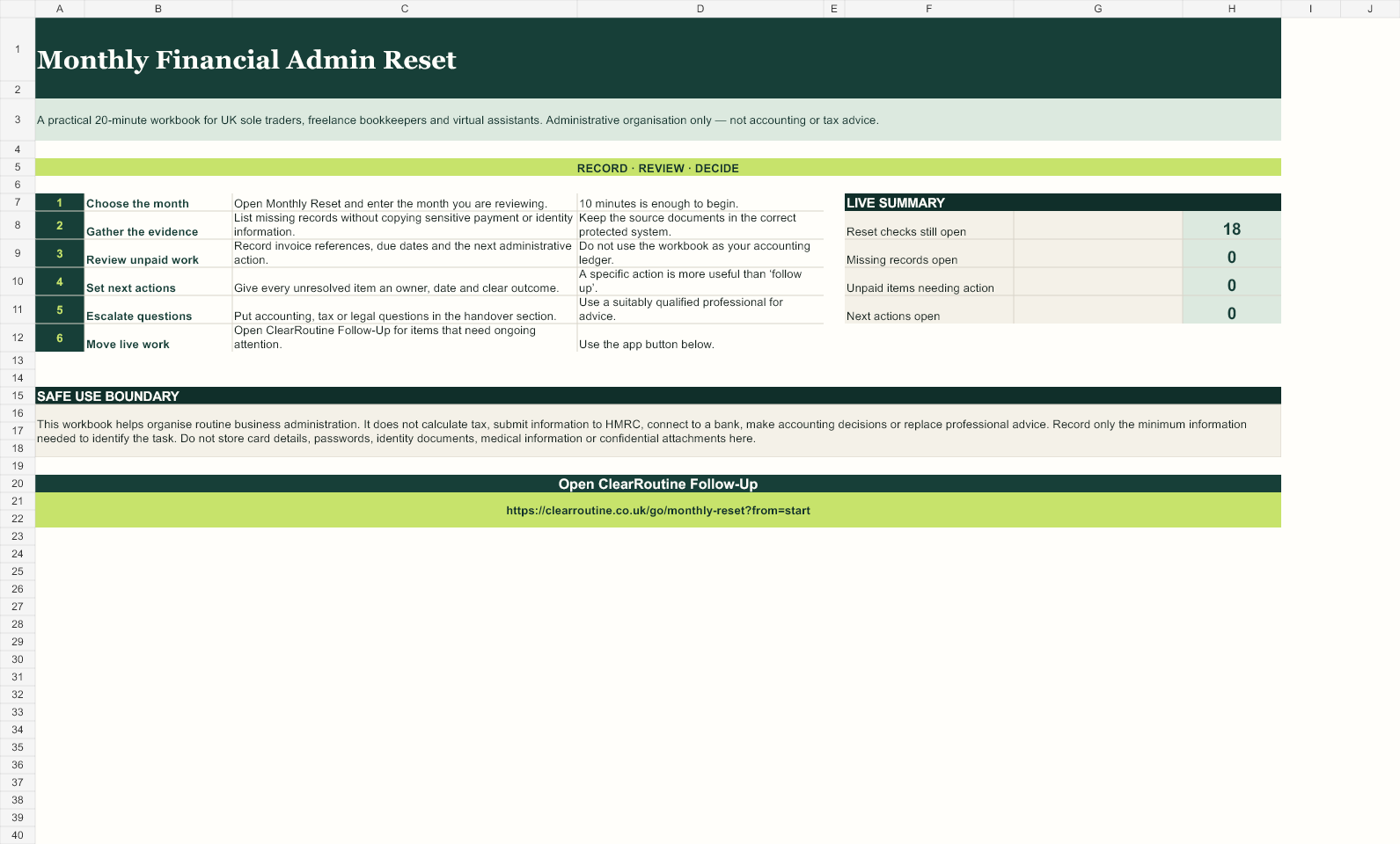 Monthly Financial Admin Reset workbook showing instructions, live summary and ClearRoutine app handoff